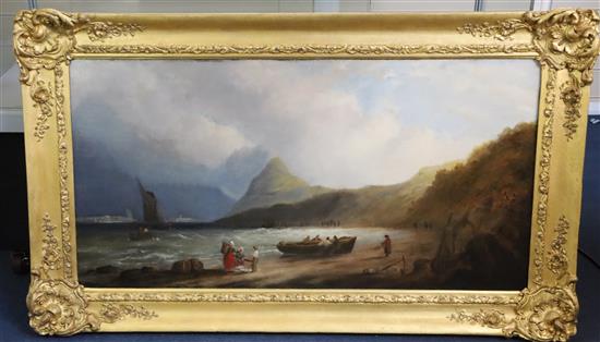 Attributed to Thomas Luny (1759-1837) Extensive coastal landscape with fisherfolk on the shore 47 x 92cm